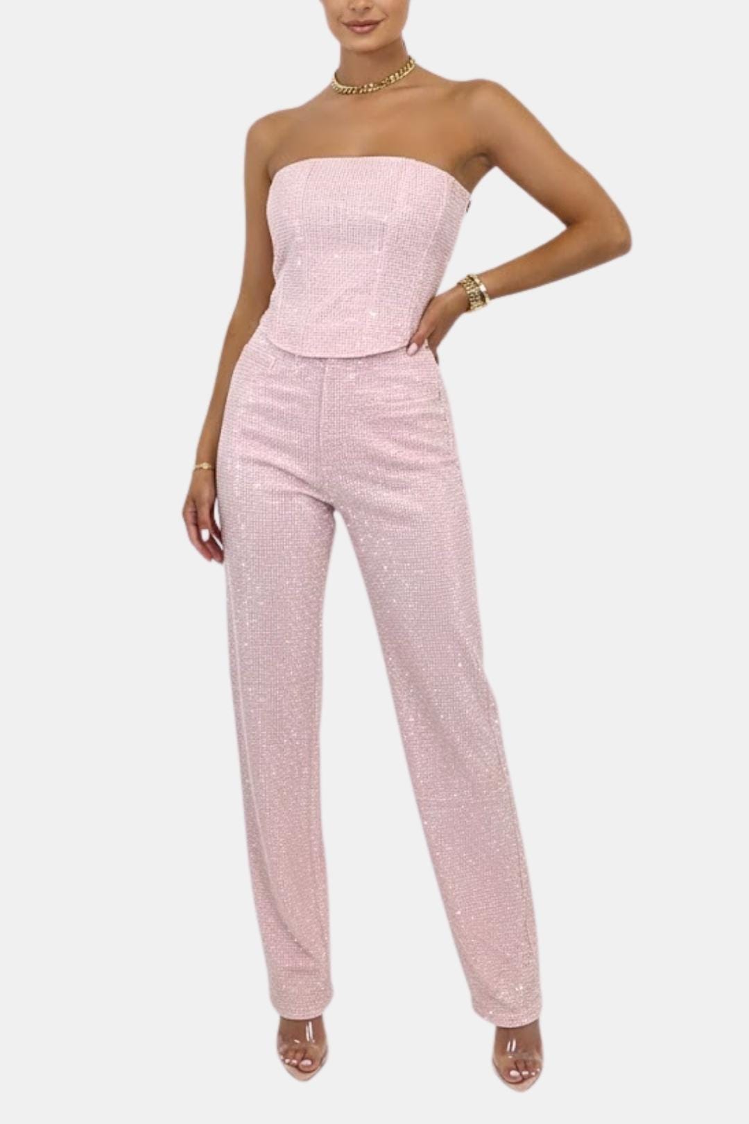 Pink strapless glitter jumpsuit with fitted waist and straight wide pant legs