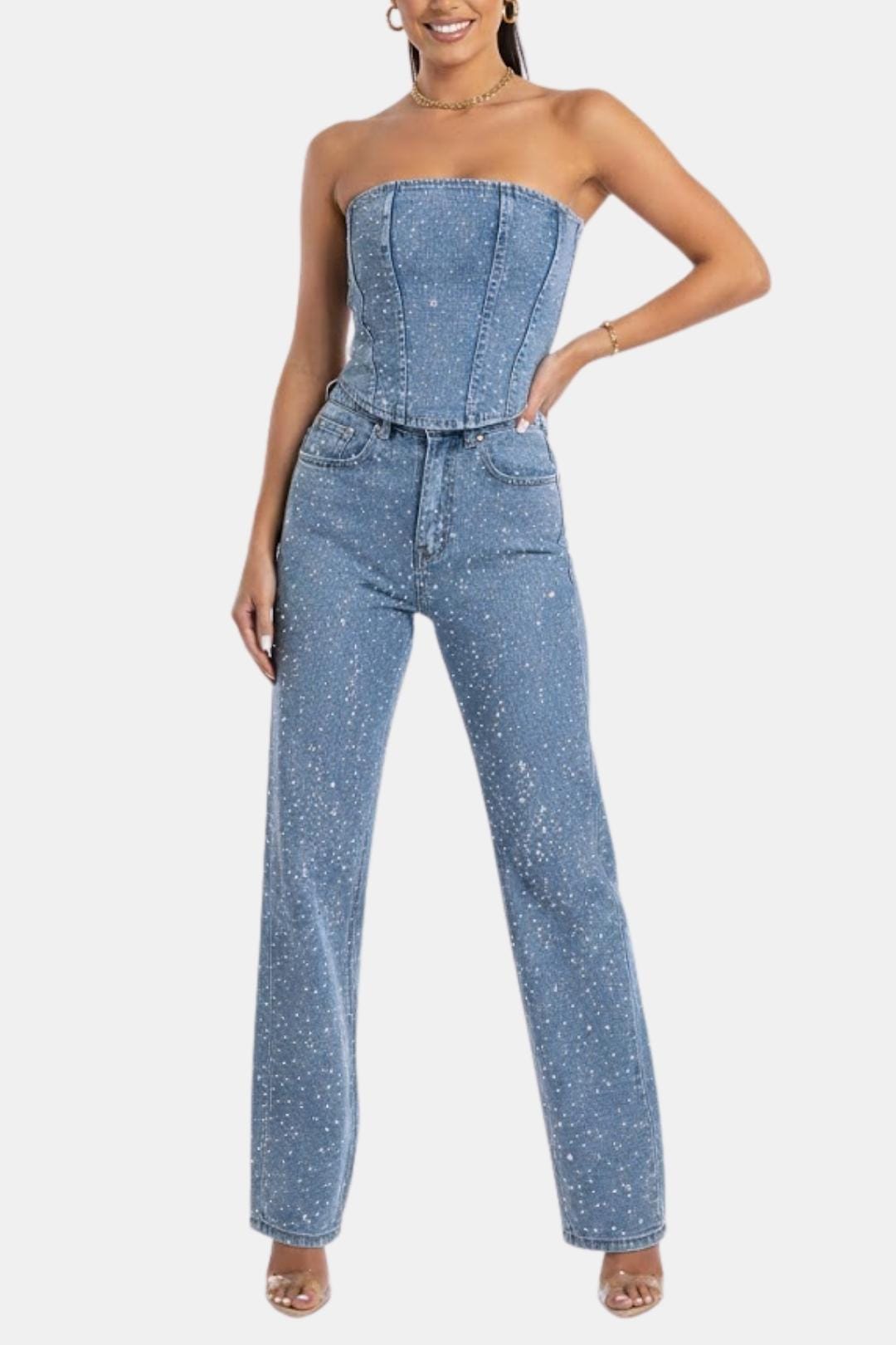 Denim blue strapless glitter jumpsuit with sculpted corset bodice and straight legs