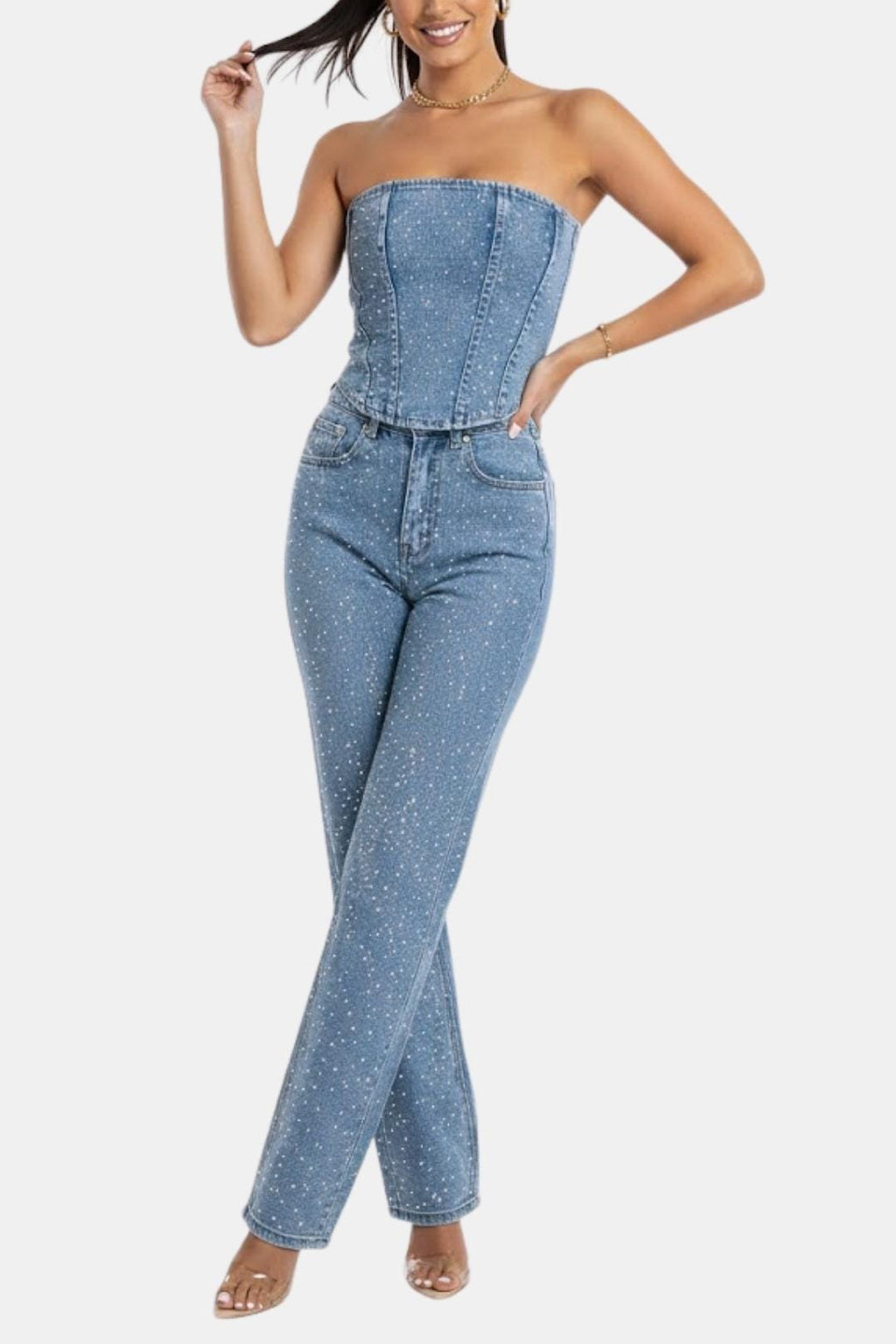 Denim blue strapless glitter jumpsuit with fitted waist and wide straight pant legs