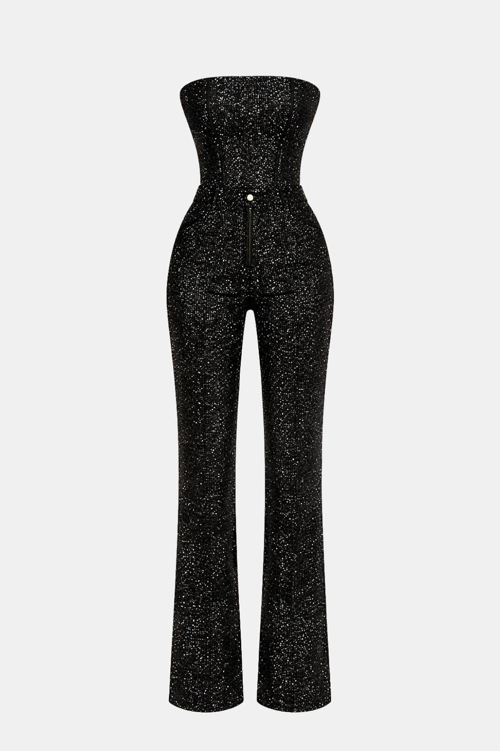 Black strapless glitter jumpsuit back view with long straight legs and central seam