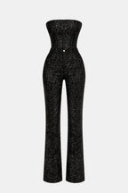Black strapless glitter jumpsuit back view with long straight legs and central seam