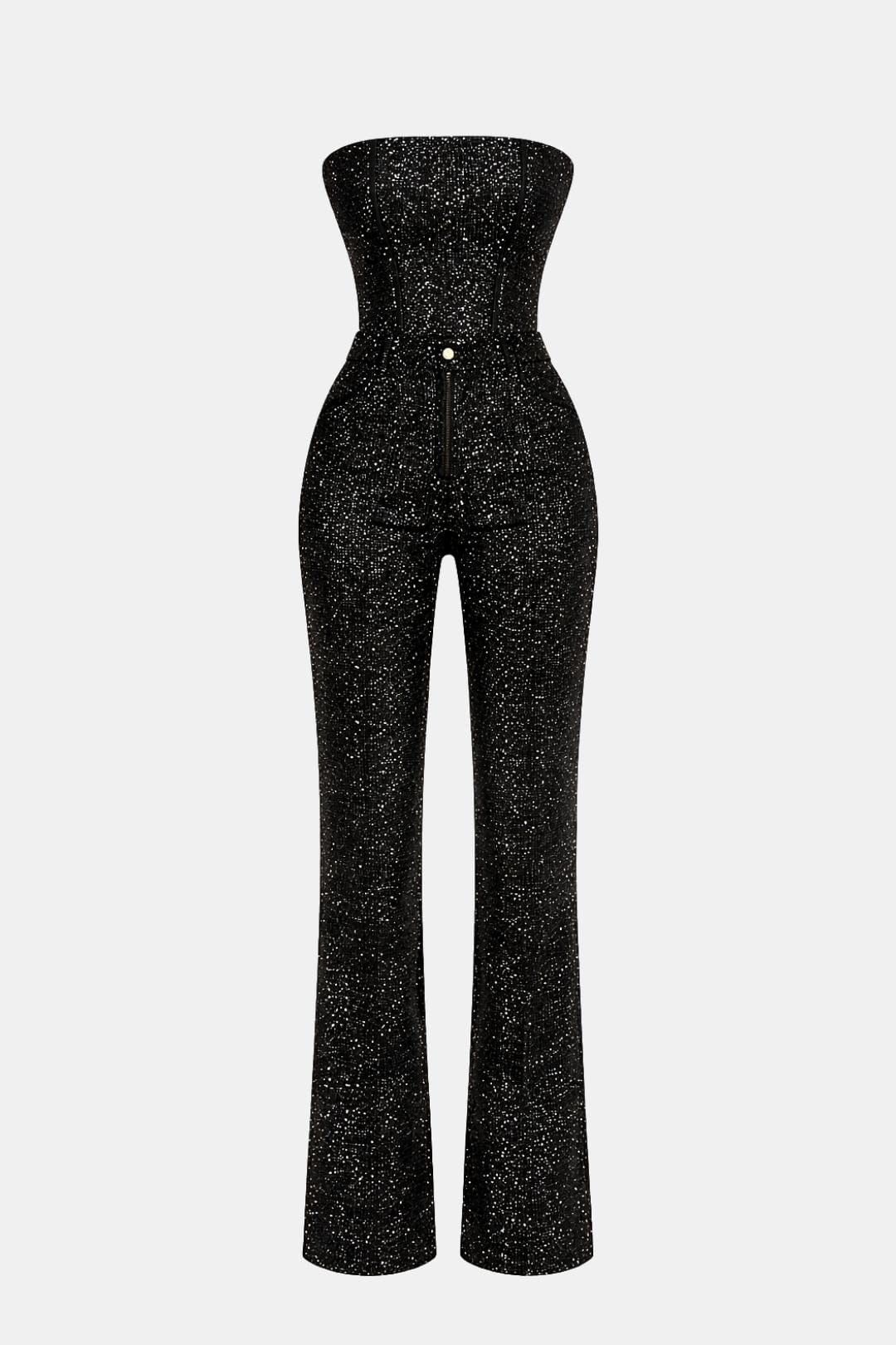 Black strapless glitter jumpsuit back view with long straight legs and central seam