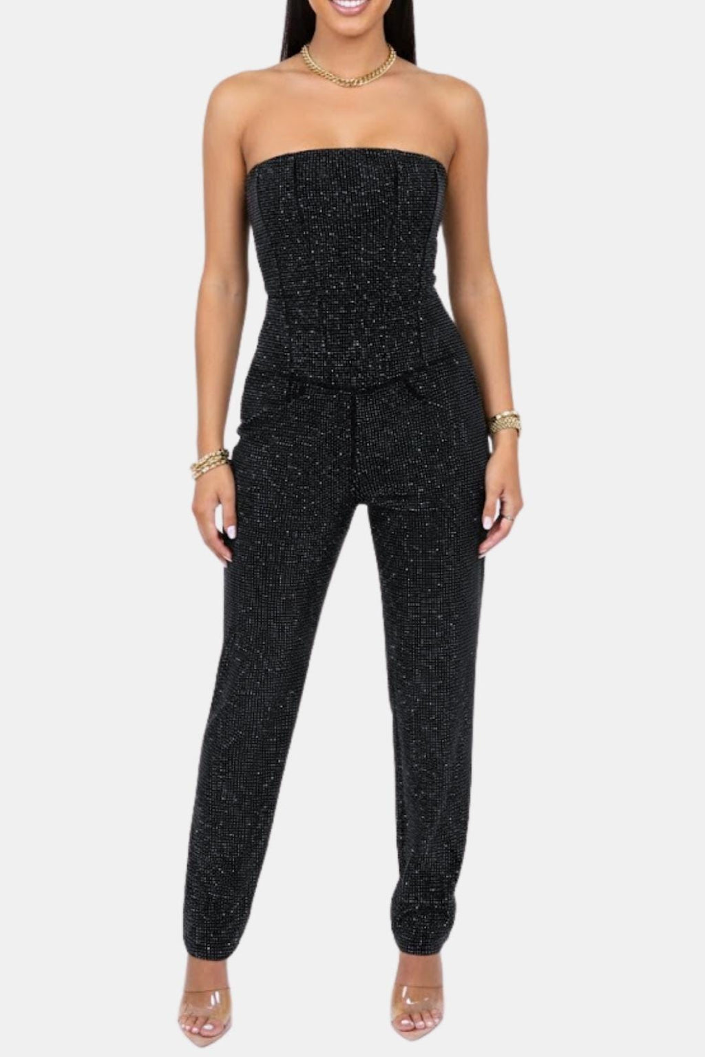 Black strapless glitter jumpsuit with sculpted waist and tapered straight pant legs