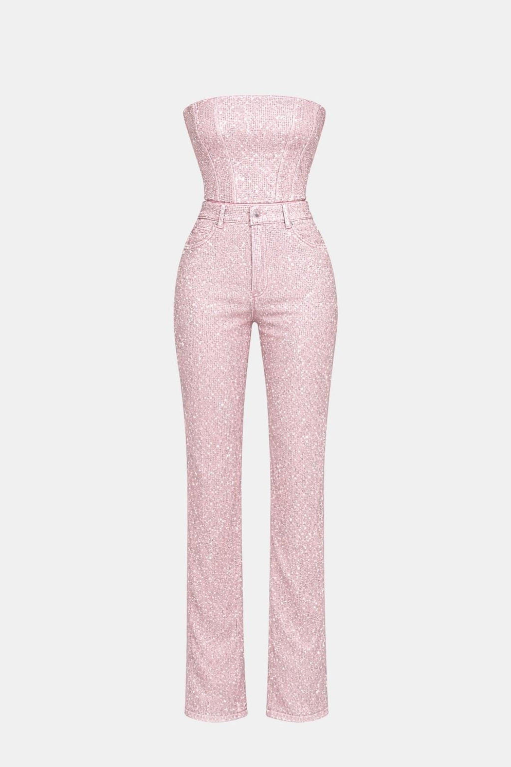 Pink strapless glitter denim jumpsuit with fitted sculpted waist and wide legs