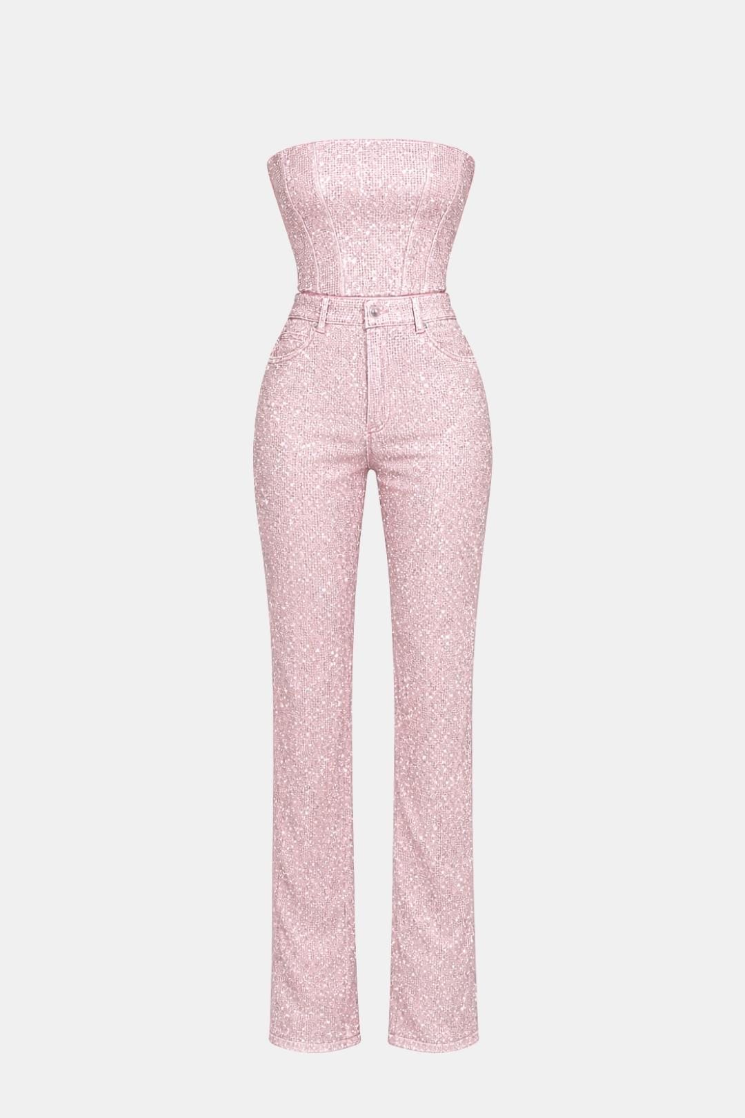 Pink strapless glitter denim jumpsuit with fitted sculpted waist and wide legs