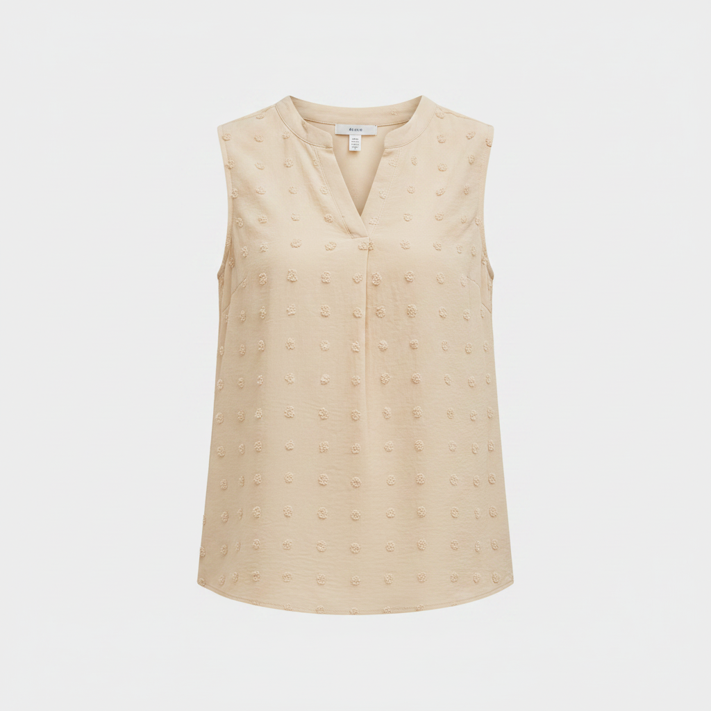 Beige sleeveless textured blouse, V-neck and button front