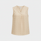 Beige sleeveless textured blouse, V-neck and button front