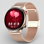Rose-gold smartwatch with mesh steel band and heart-themed red display