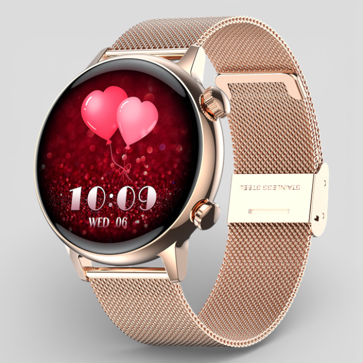 Rose-gold smartwatch with mesh steel band and heart-themed red display