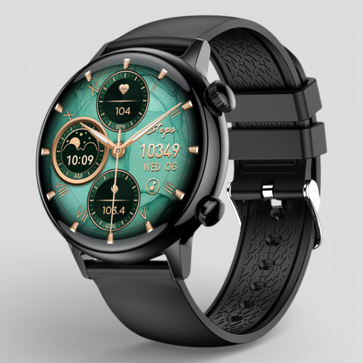 Black smartwatch with black silicone strap and green multi-dial analog display
