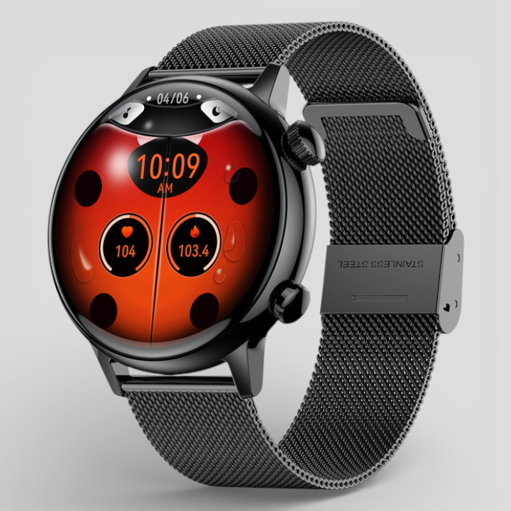Black smartwatch with black mesh steel band and orange-red digital clock display