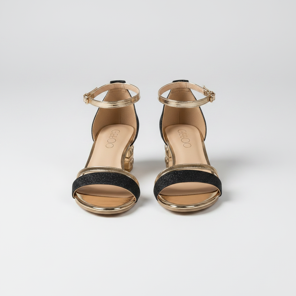 Open-toe sandals with black glitter straps, gold-tone buckles, and low block heels