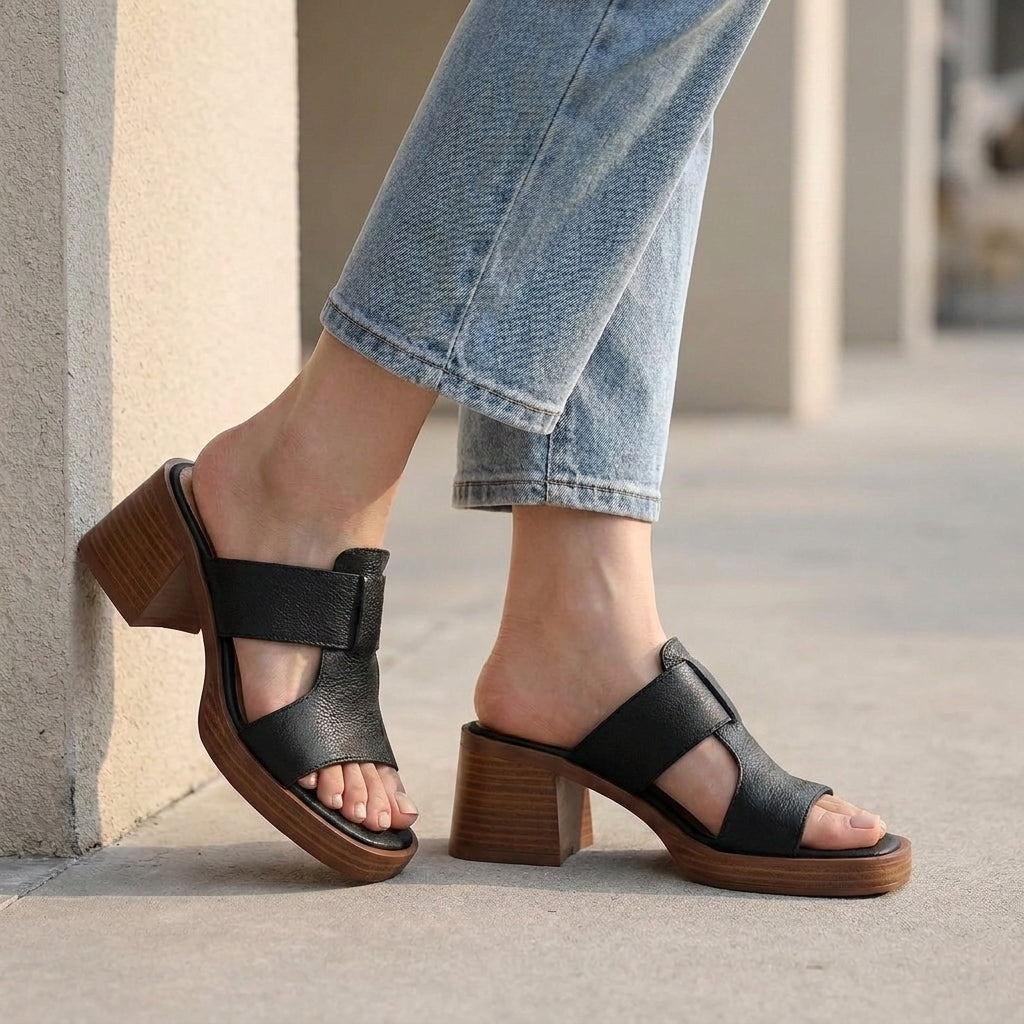 Black open-toe block-heel slip-on mules with wide strap, styled with blue jeans