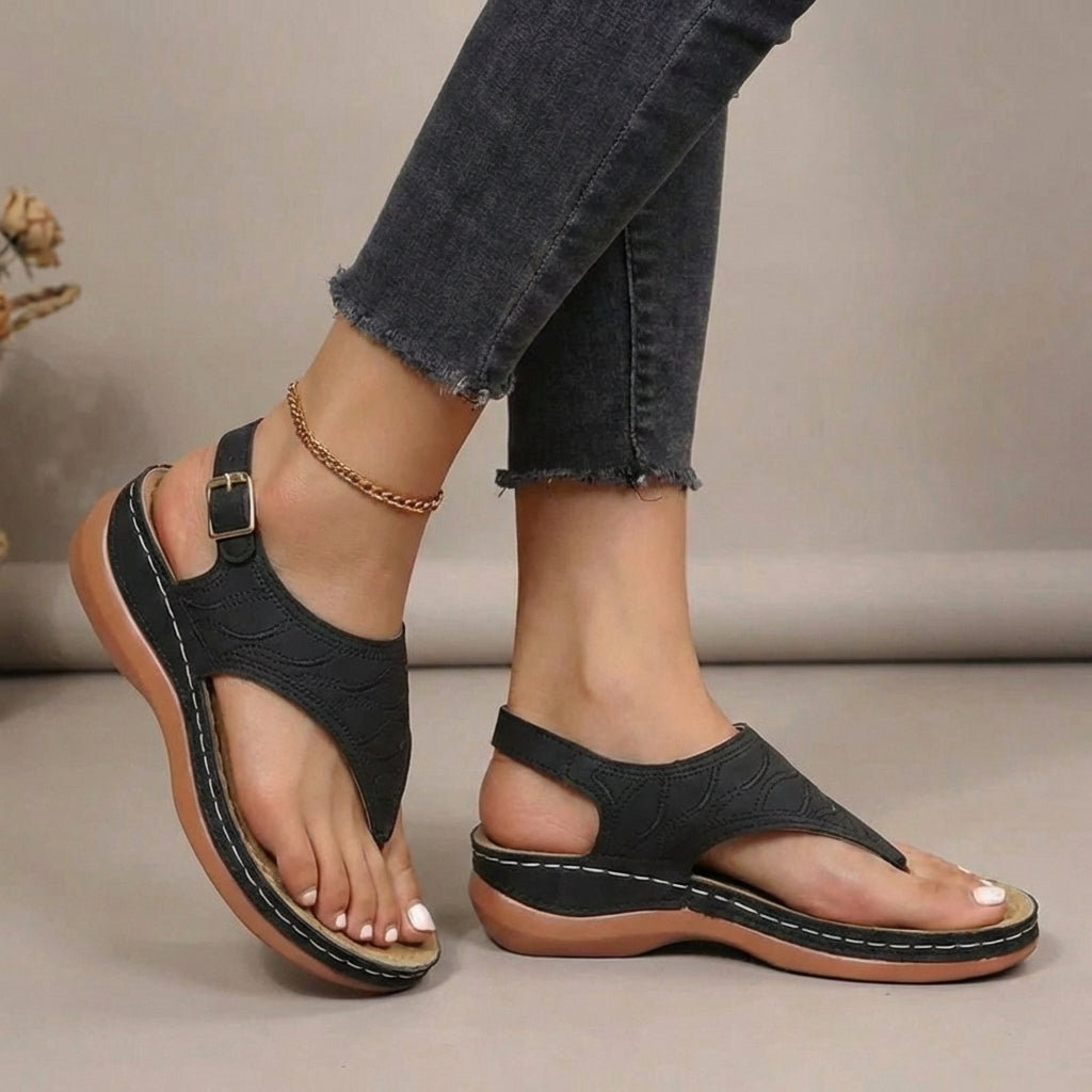 Black thong sandals with adjustable ankle strap and arch support, open-toe design