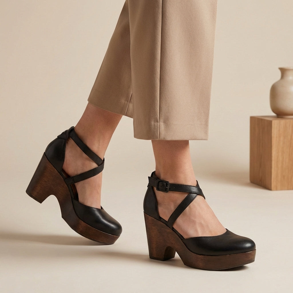 Black closed-toe platform wedge sandals with ankle strap and cross straps