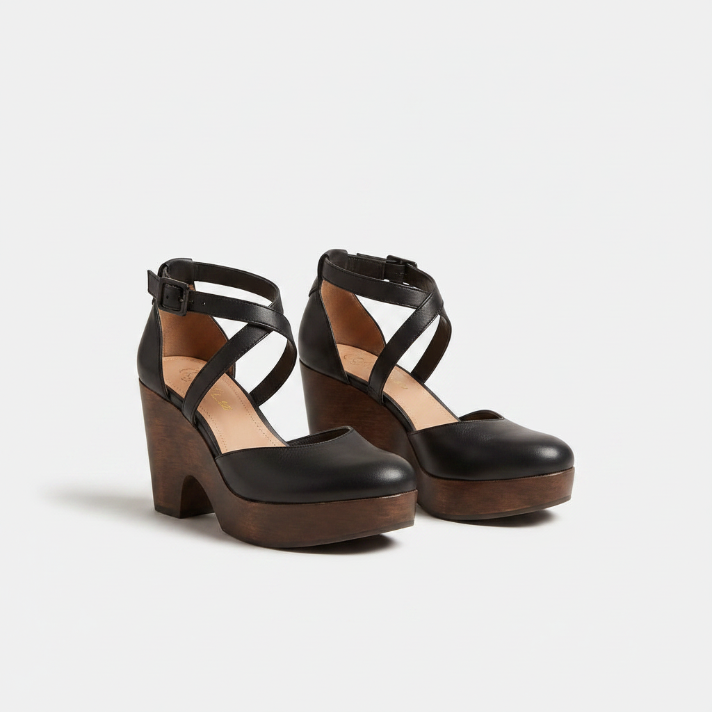 Black closed-toe platform wedge sandals with ankle strap and crisscross upper, pair
