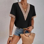 Women's relaxed-fit short-sleeve T-shirt blouse, black with lace V-neck detail and trim