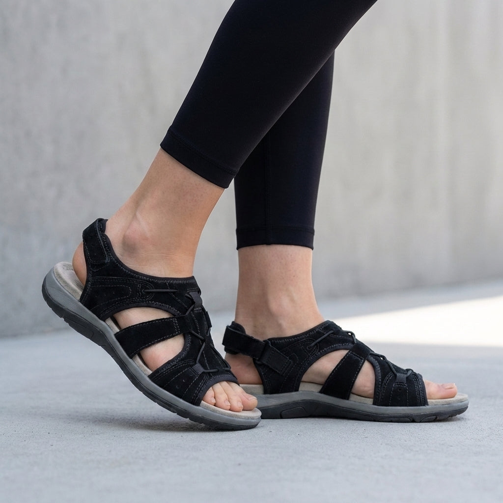 Black orthopedic sandals with contoured footbed and adjustable straps