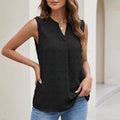 Black sleeveless textured blouse with V-neck and button front