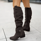 Slouchy knee-high riding boots in dark brown, low block heel, slouchy shaft