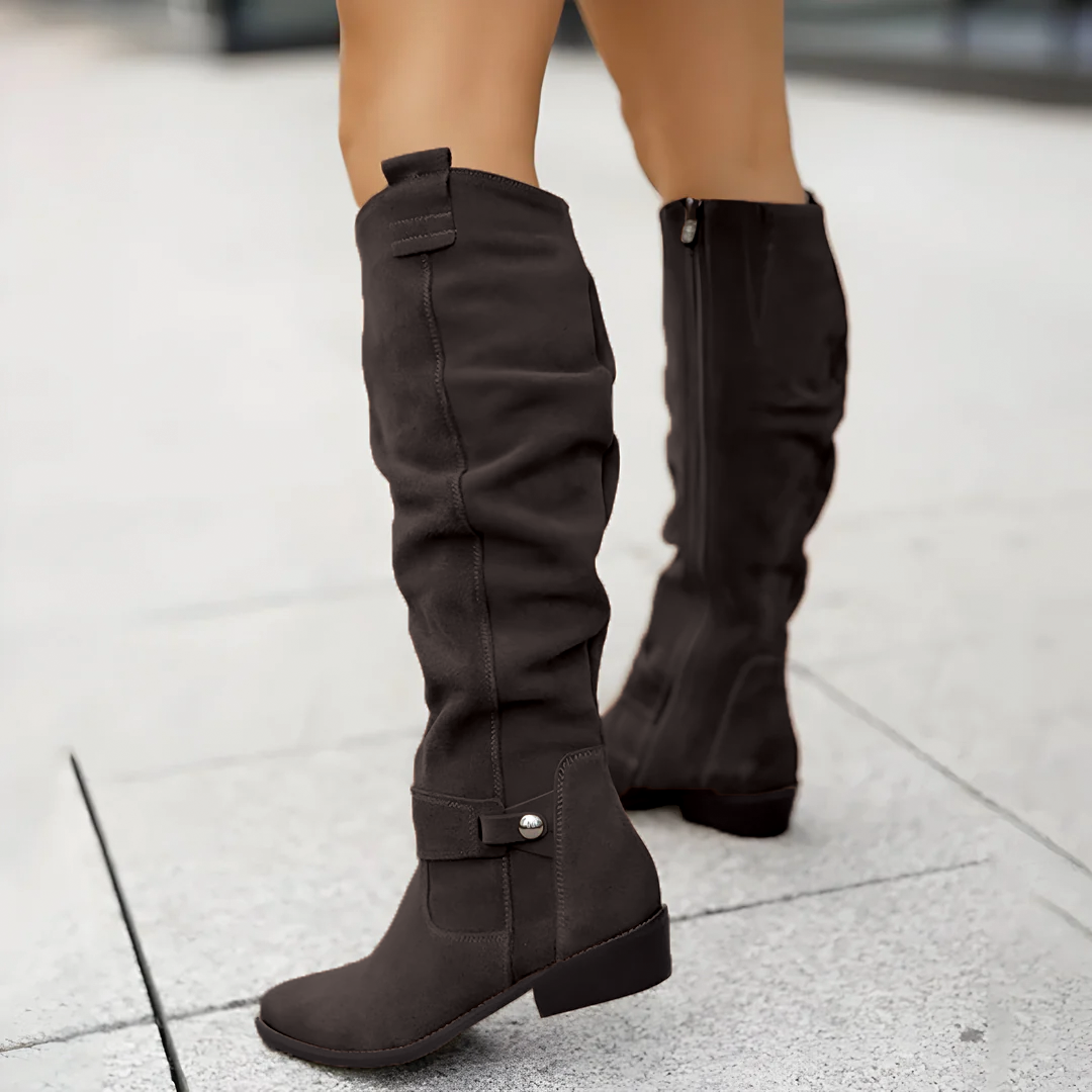 Slouchy knee-high riding boots in dark brown, low block heel, slouchy shaft