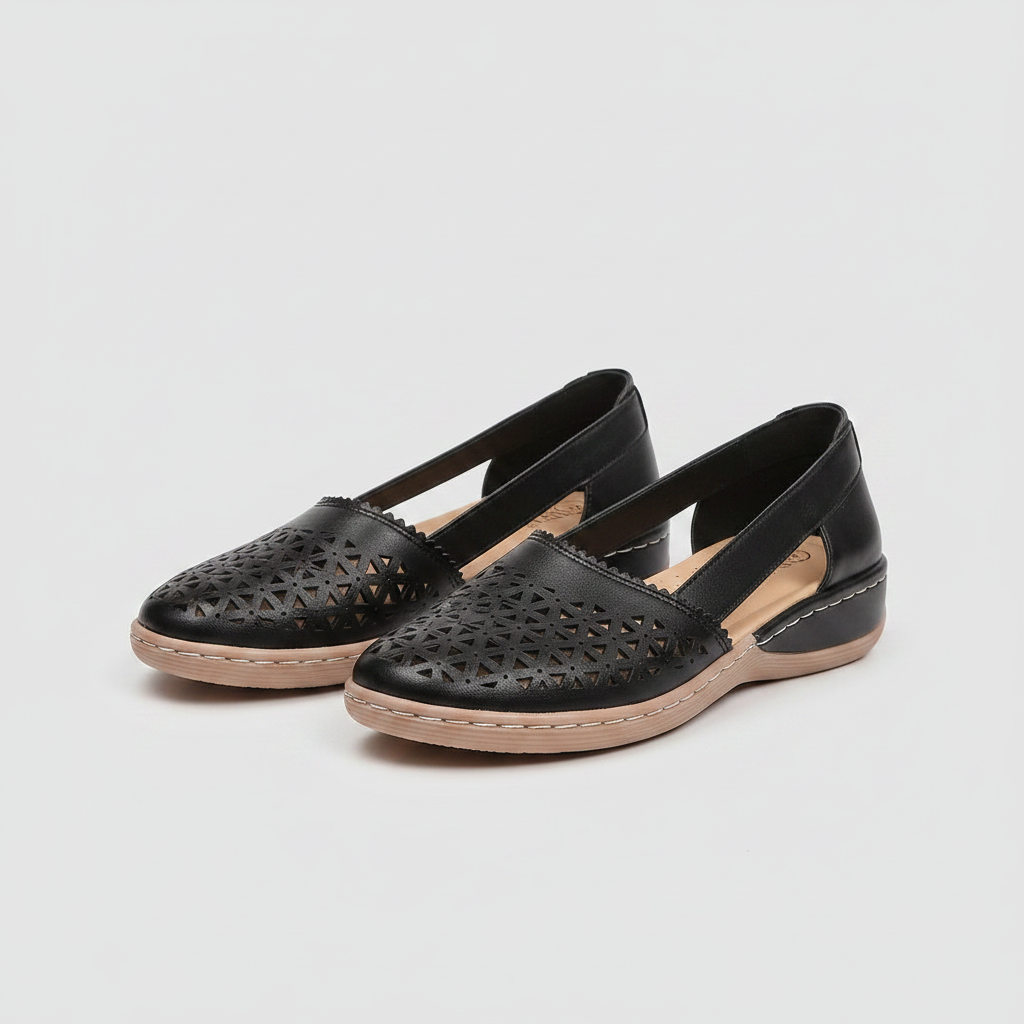 Women's slip-on casual shoes in black with cutout design and open side