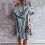 Long hooded knit cardigan with cutout trim, blue-gray textured knit and open front