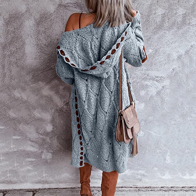 Long hooded knit cardigan with cutout trim, blue-gray textured knit and open front