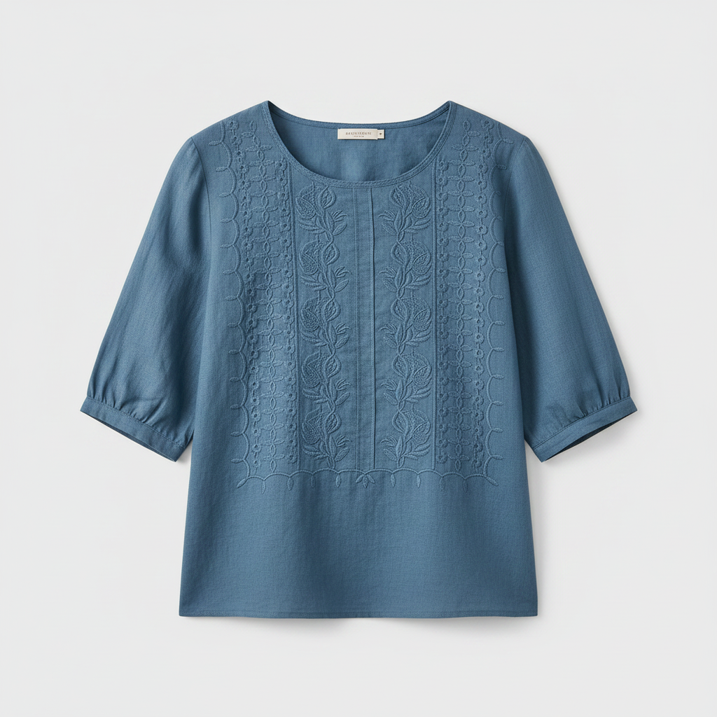 Blue embroidered blouse top with round neck and short sleeves, button placket detail