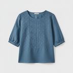 Blue embroidered blouse top with round neck and short sleeves, button placket detail