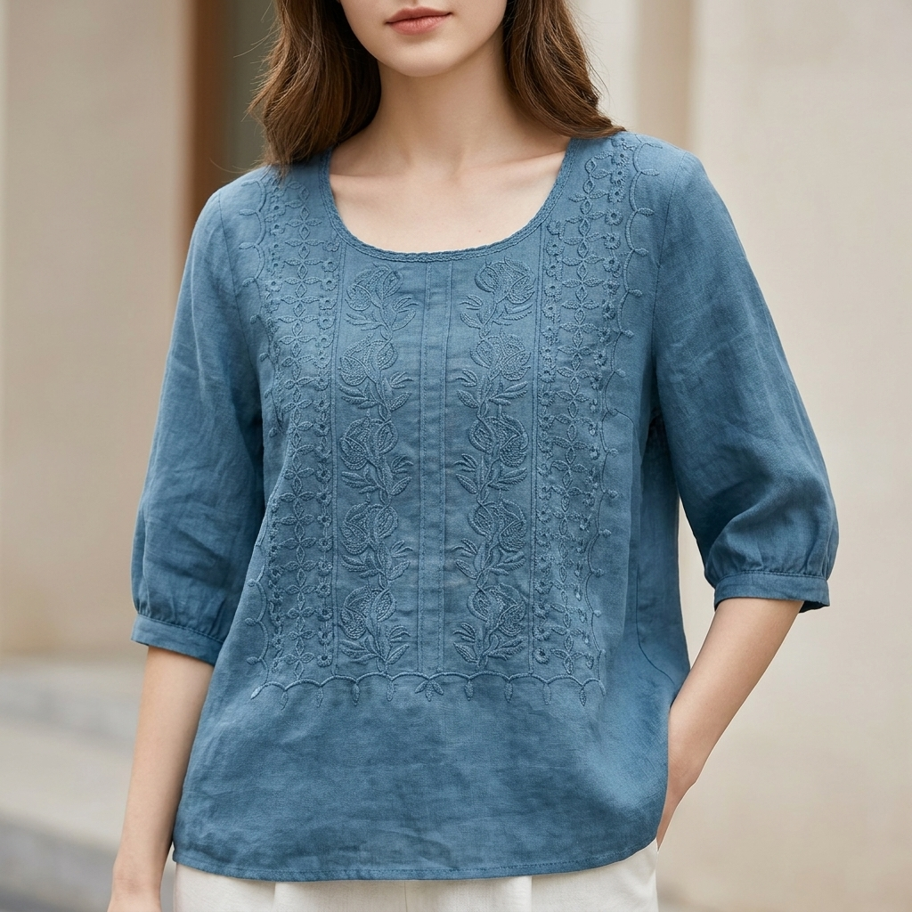 Blue embroidered blouse with round neck and 3/4 sleeves