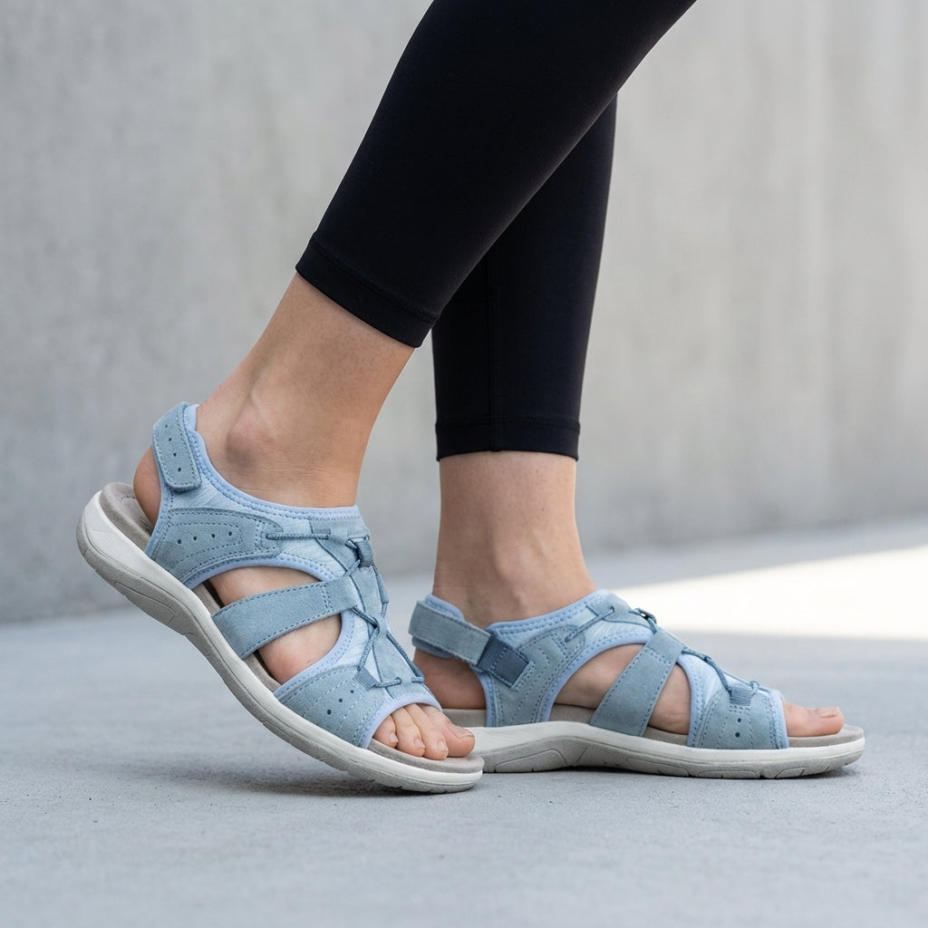 Light blue orthopedic sandals with contoured footbed and adjustable straps