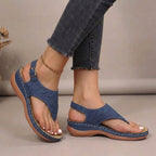 Blue thong sandals with adjustable ankle strap and arch support, open-toe design