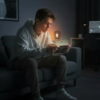 Person holding a Nintendo Switch controller; handheld gamepad shows RGB lighting glow.