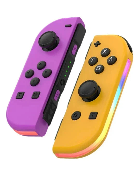 Purple and orange RGB LED handheld controllers with joystick, ABXY buttons, rainbow light strip
