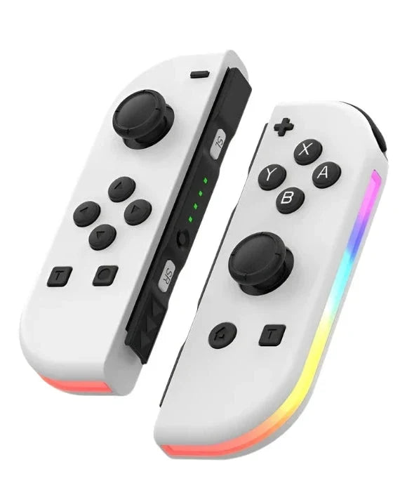 White RGB LED handheld controllers with joystick, ABXY buttons, and rainbow light strip