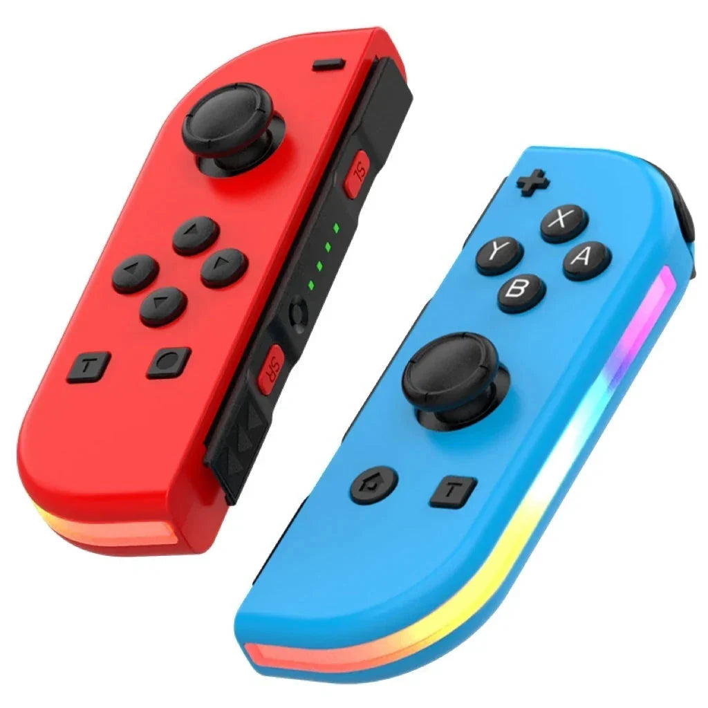 Red and blue Nintendo Switch RGB LED joy-con controllers with thumbsticks and buttons.