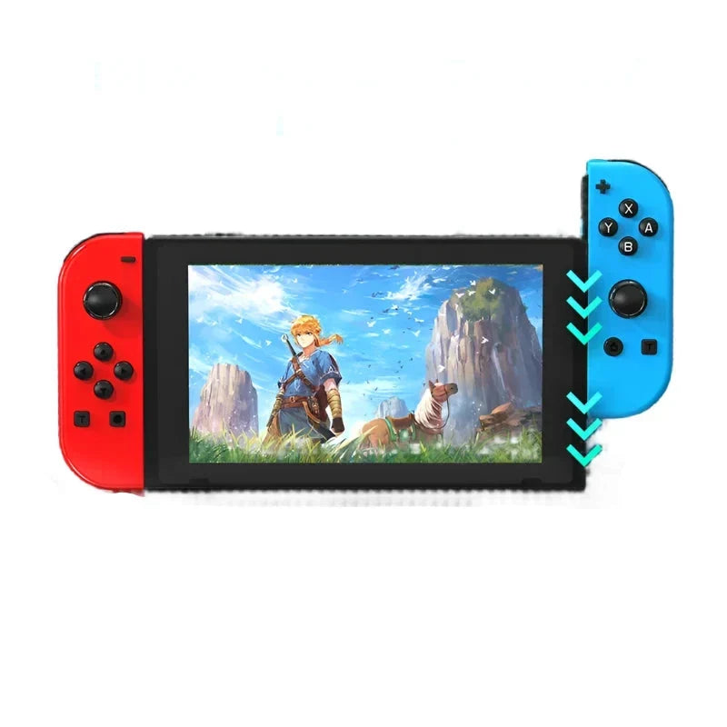 Nintendo Switch handheld screen with illustrated gameplay and two joy-con controllers attached.