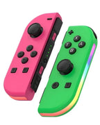 Pink and green Nintendo Switch RGB LED joy-con controllers with thumbsticks and controls.