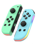 Light green and light blue Nintendo Switch RGB LED joy-con controllers with thumbsticks.