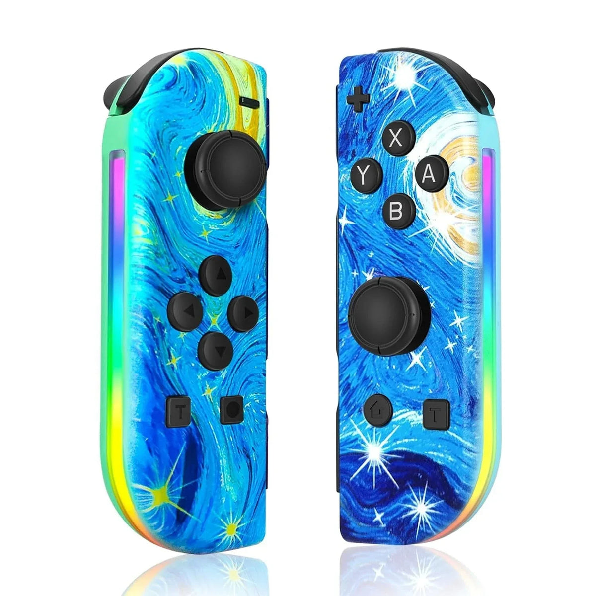 Blue Nintendo Switch RGB LED joy-con controllers with starry swirl design and thumbsticks.