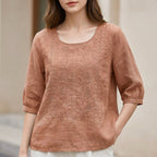 Blush embroidered blouse with round neck and 3/4 sleeves