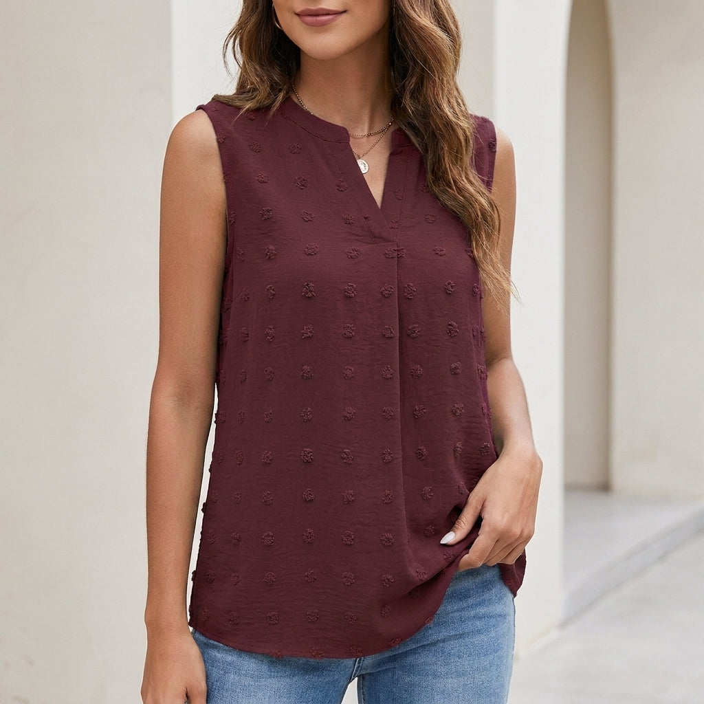 Bordeaux sleeveless textured blouse with V-neck and button front