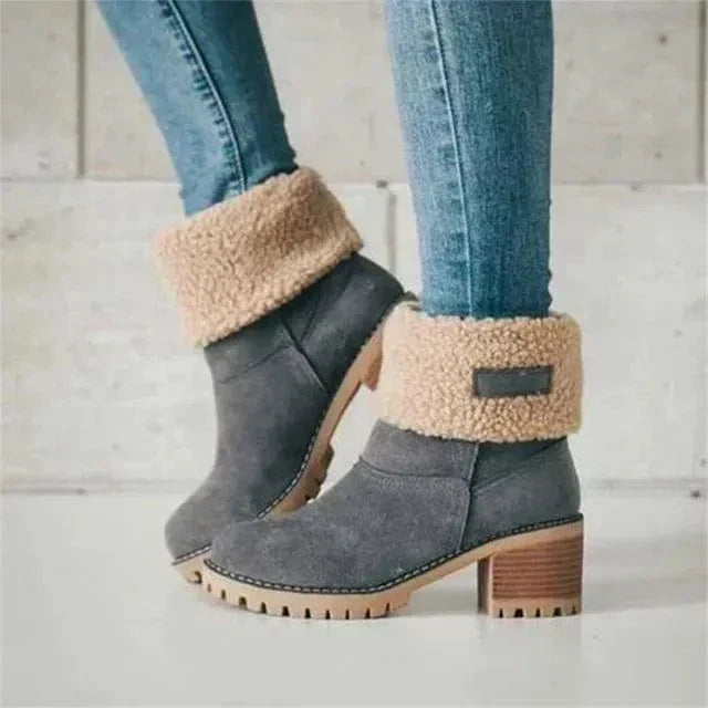 Women’s mid-calf winter boots, gray with beige sherpa cuff and chunky heel
