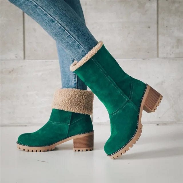 Women’s green mid-calf winter boots with beige sherpa cuff and block heel