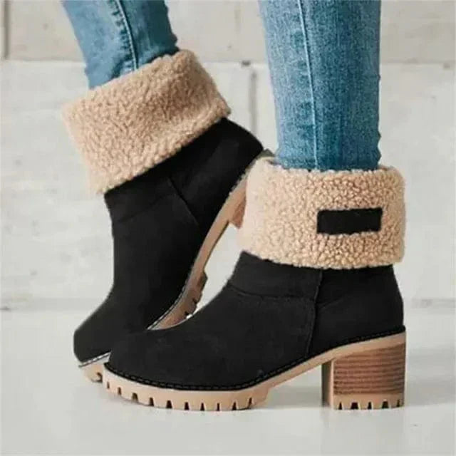 Women’s mid-calf winter boots in black with beige fleece cuff and block heel