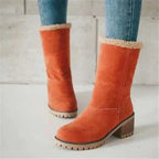 Women’s orange mid-calf winter boots with beige sherpa cuff and block heel