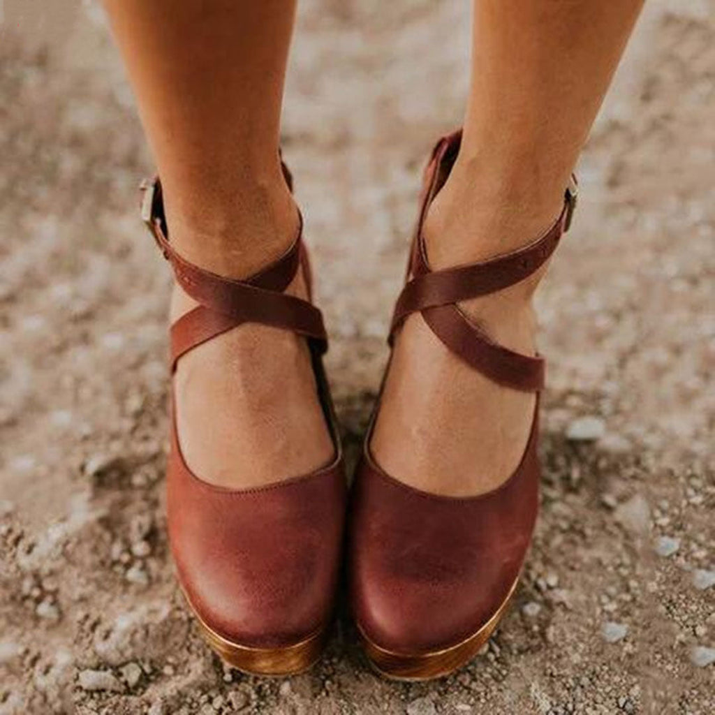 Burgundy cross-strap Mary Jane platform heels with cutout straps