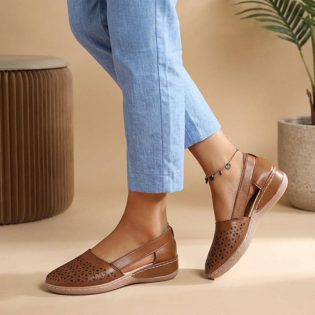 Women's slip-on casual shoes in brown with cutout design and open side