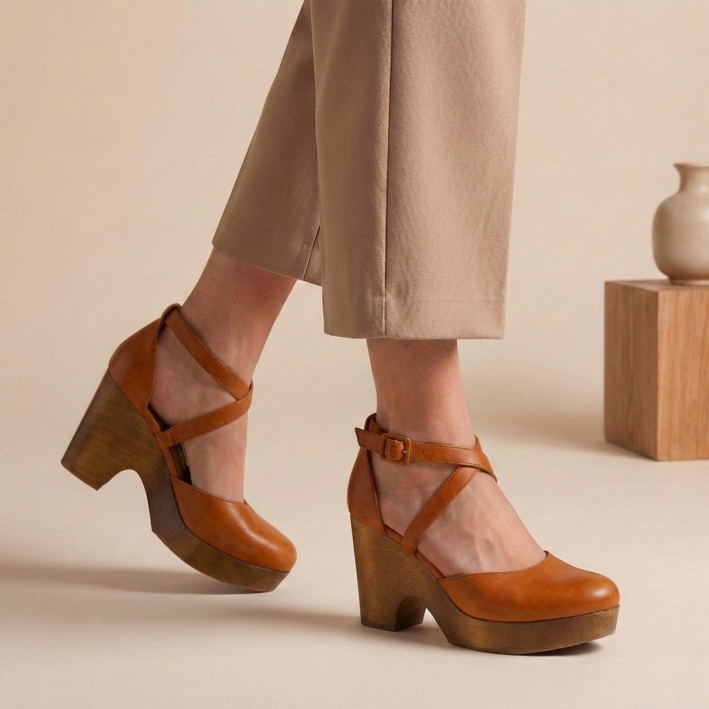 Brown closed-toe platform wedge sandals with ankle strap and crisscross upper